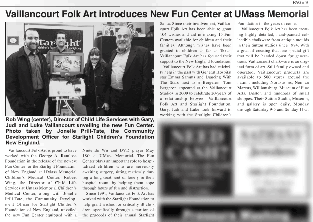 Vaillancourt folk art introduces new fun center at umass memorial. The New Uxbridge Times.