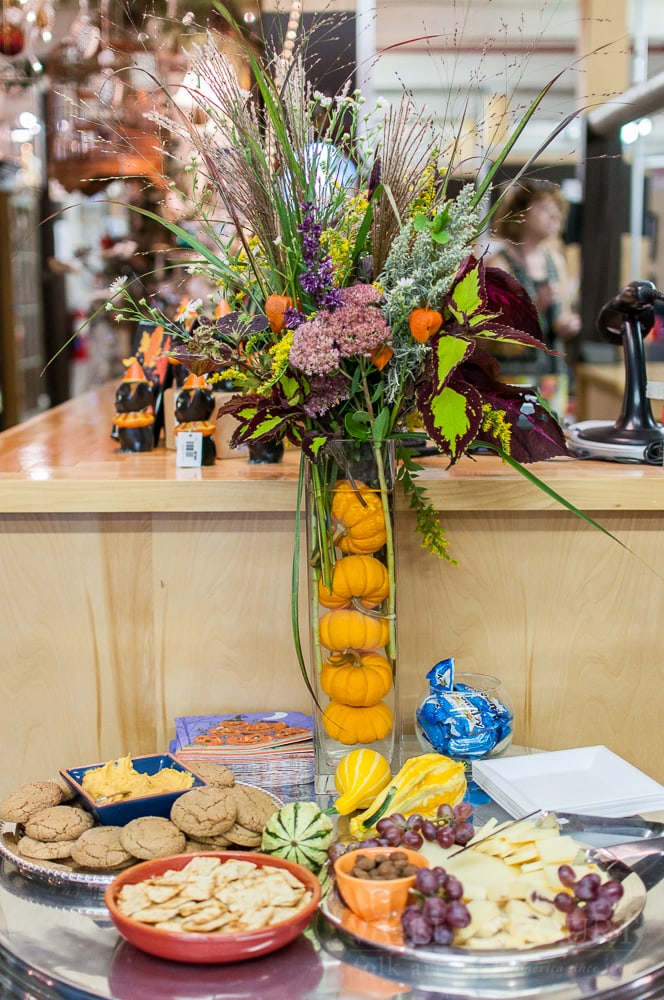 Festive centerpiece at the food table during the 2013 Vaillancourt Folk Art Fall Opening in Sutton, MA.