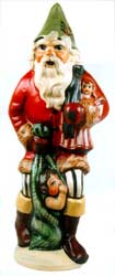 St Nick with Child in Sack and Striped Tights