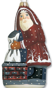 Red Father Christmas with snowman coat stuffing chimney