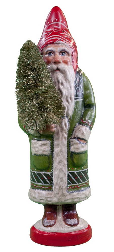 Green Father Christmas Holding Glittered Tree