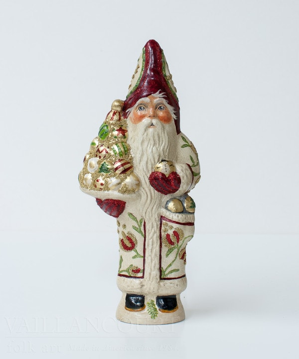 White Father Christmas Holding Gold Ornaments