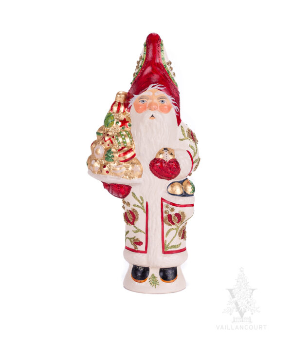 White Father Christmas Holding Gold Ornaments