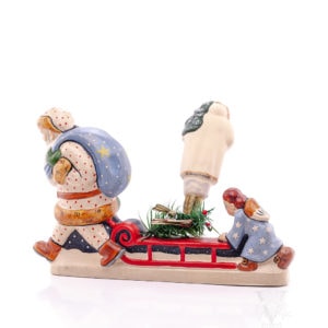White Father Christmas and Angel Pushing Sled With Glass Ornament