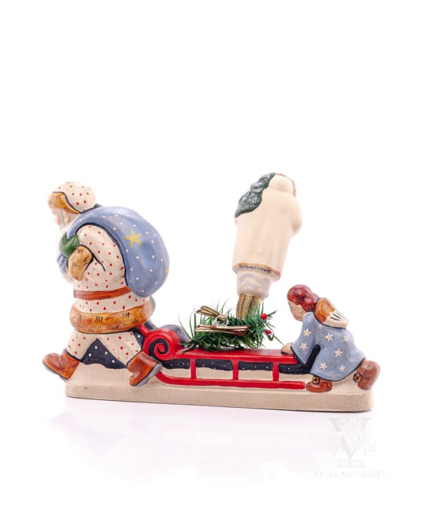 White Father Christmas and Angel Pushing Sled With Glass Ornament