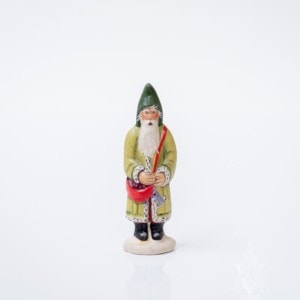 Miniature Father Christmas in Green Holding Purple Rabbit