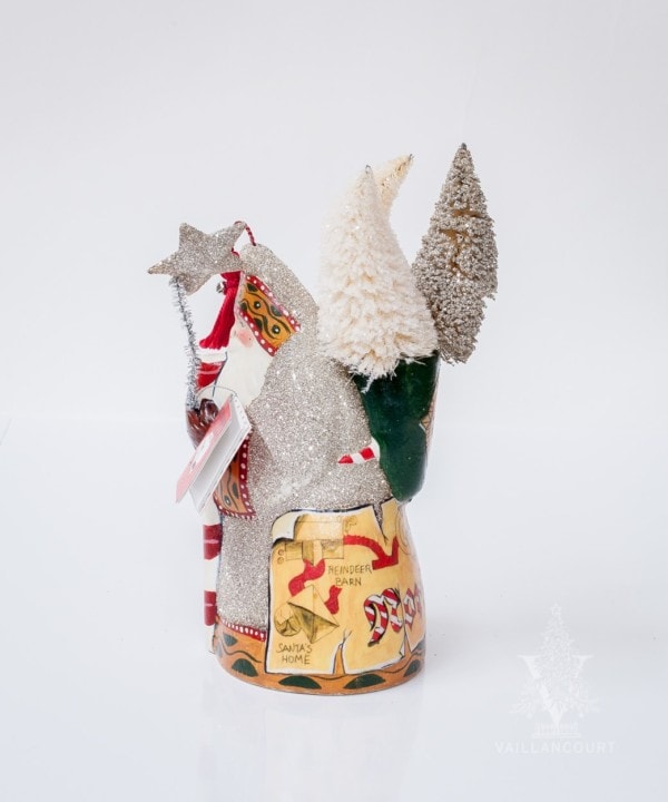Shimmering North Pole Santa with Book and Trees