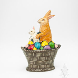 Two Rabbits in a Basket of Colored Eggs