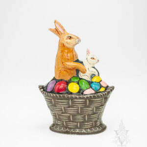 Two Rabbits in a Basket of Colored Eggs