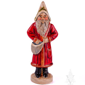 Father Christmas in Red Coat with Green and White Striped Bag