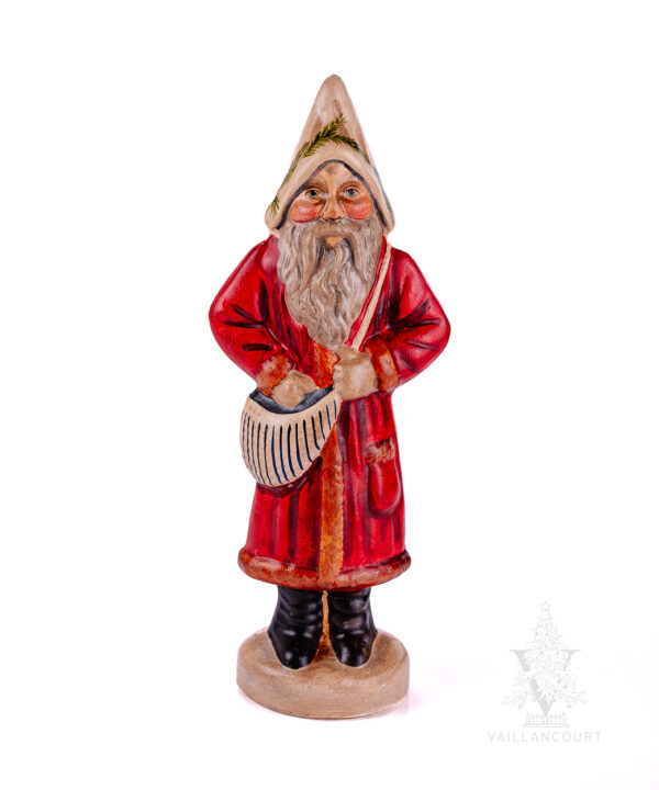 Father Christmas in Red Coat with Green and White Striped Bag