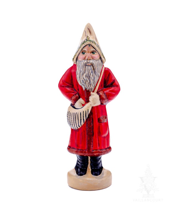 Father Christmas in Red Coat with Green and White Striped Bag