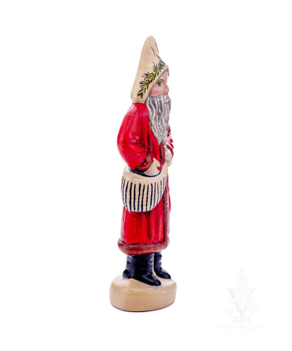 Father Christmas in Red Coat with Green and White Striped Bag