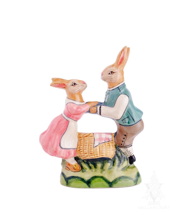 Two Dancing Rabbits Dancing Around Basket