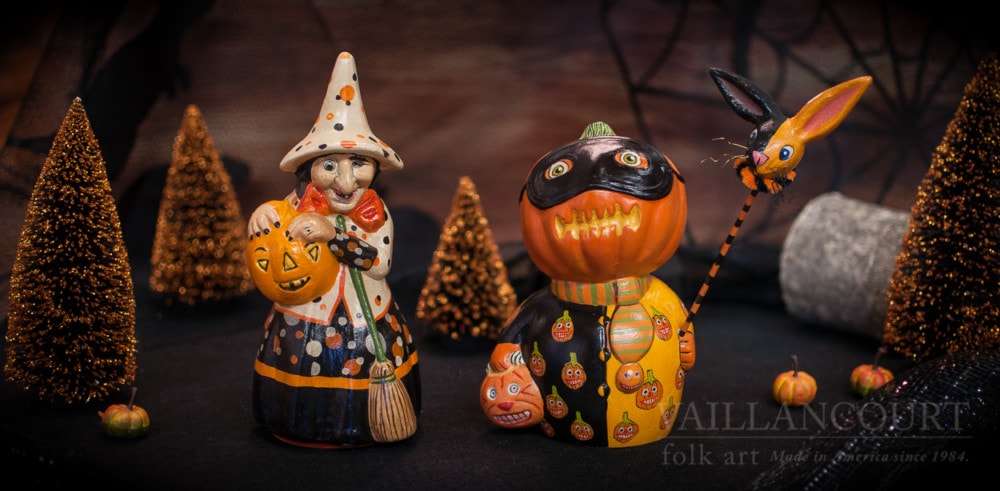 The Vaillancourt Chalkware Witch and Pumpkin Man, now back in stock for Halloween.