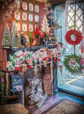 The Mantle featured at the front of the Window Display for the 2016 Christmas Opening at Vaillancourt Folk Art in Sutton, MA.