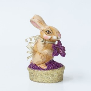 One Of A Kind Chalkware Spring Rabbit With Flower On Glittered Basket, VFA Nr. 17092