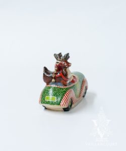 Ornate Santa Driving Christmas Car with Deer in Back Seat