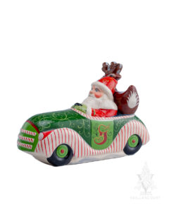 Ornate Santa Driving Christmas Car with Deer in Back Seat