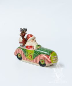 Ornate Santa Driving Christmas Car with Deer in Back Seat