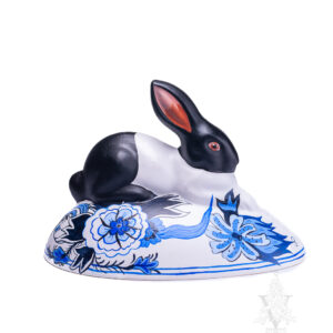 Large Black and White Bunny on Delft Egg