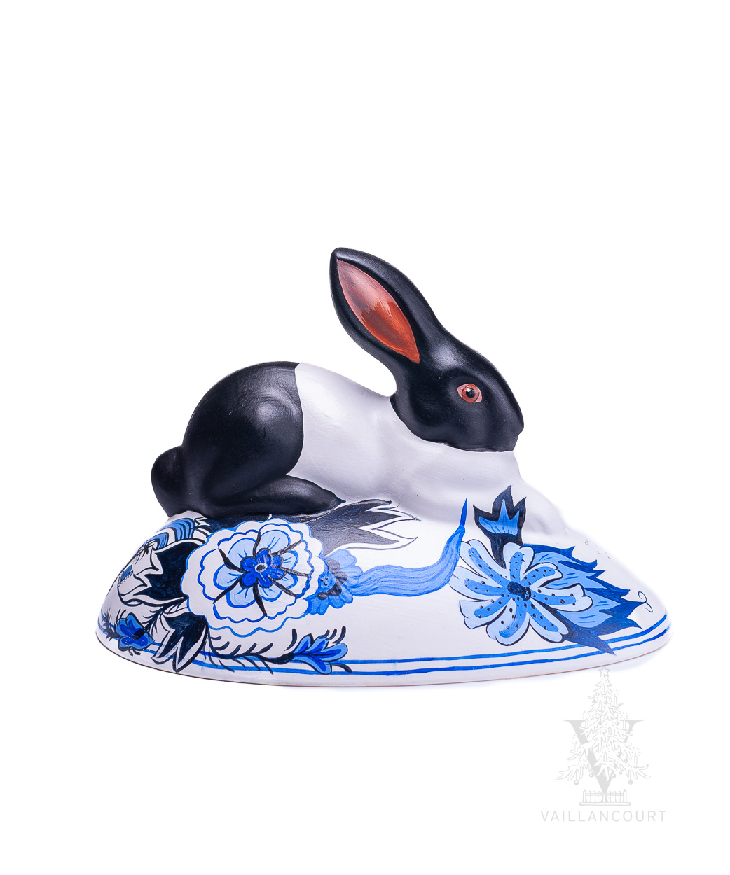 Large Black and White Bunny on Delft Egg