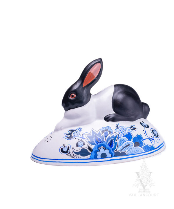 Large Black and White Bunny on Delft Egg