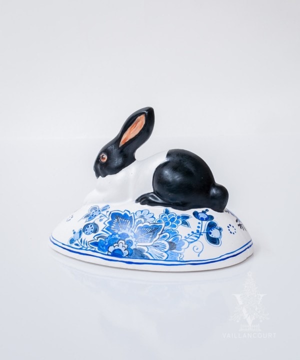 Large Black and White Bunny on Delft Egg