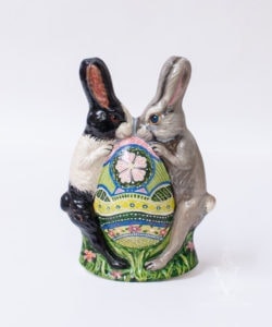 Rabbit Pair Holding Pysanka / Deer Decorated Egg
