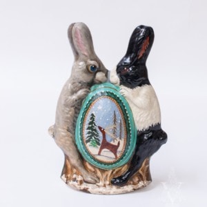 Rabbit Pair Holding Pysanka / Deer Decorated Egg