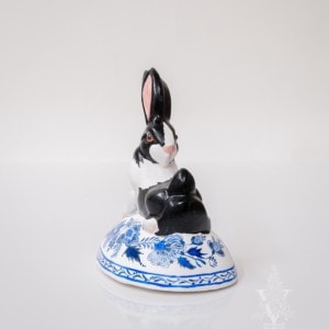 Large Backward Facing Black and White Bunny on Delft Egg