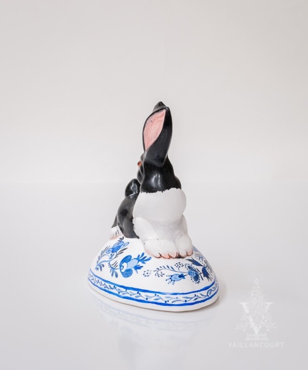 Large Backward Facing Black and White Bunny on Delft Egg