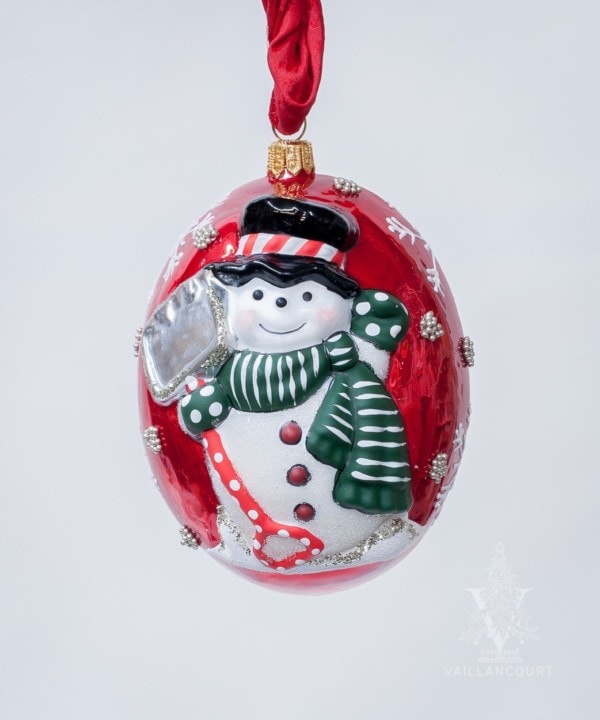 Jingle Balls™ Snowman with Shovel on Pearlized Red