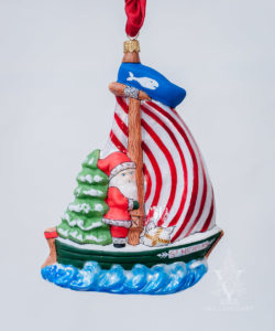 Santa on St. Nicholas Sailboat with Nantucket Whale Flag
