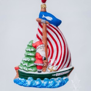 Santa on St. Nicholas Sailboat with Nantucket Whale Flag