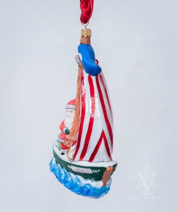 Santa on St. Nicholas Sailboat with Nantucket Whale Flag