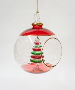 Large Etched Glass Dome with Red and Green Tree