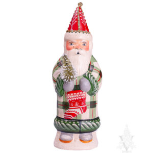 Father Christmas in Plaid with Ski Stocking and Bell