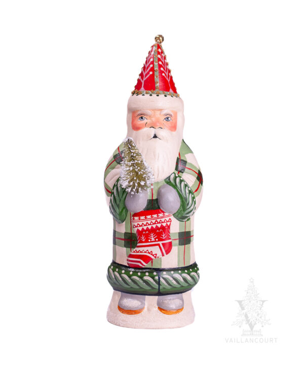 Father Christmas in Plaid with Ski Stocking and Bell