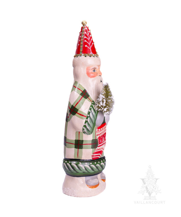 Father Christmas in Plaid with Ski Stocking and Bell