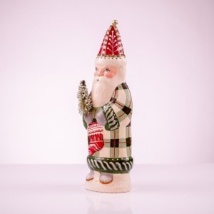 Father Christmas in Plaid with Ski Stocking and Bell