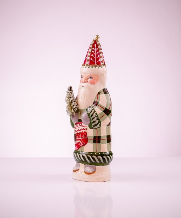 Father Christmas in Plaid with Ski Stocking and Bell