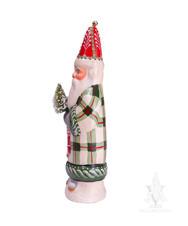 Father Christmas in Plaid with Ski Stocking and Bell