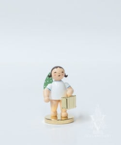 Globetrotter, Angel with Suitcase on a metal base, gold-plated, in a splinter box