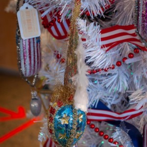 Nostalgic Glass Ornament American Flag with Christmas Imagery