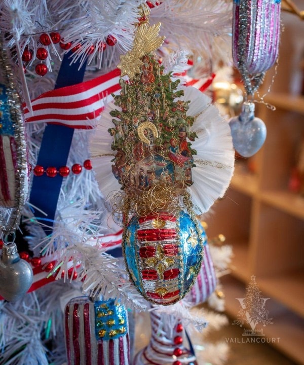 Nostalgic Glass Ornament American Flag with Christmas Imagery