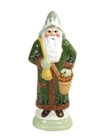 Father Christmas in dk green coat with trees