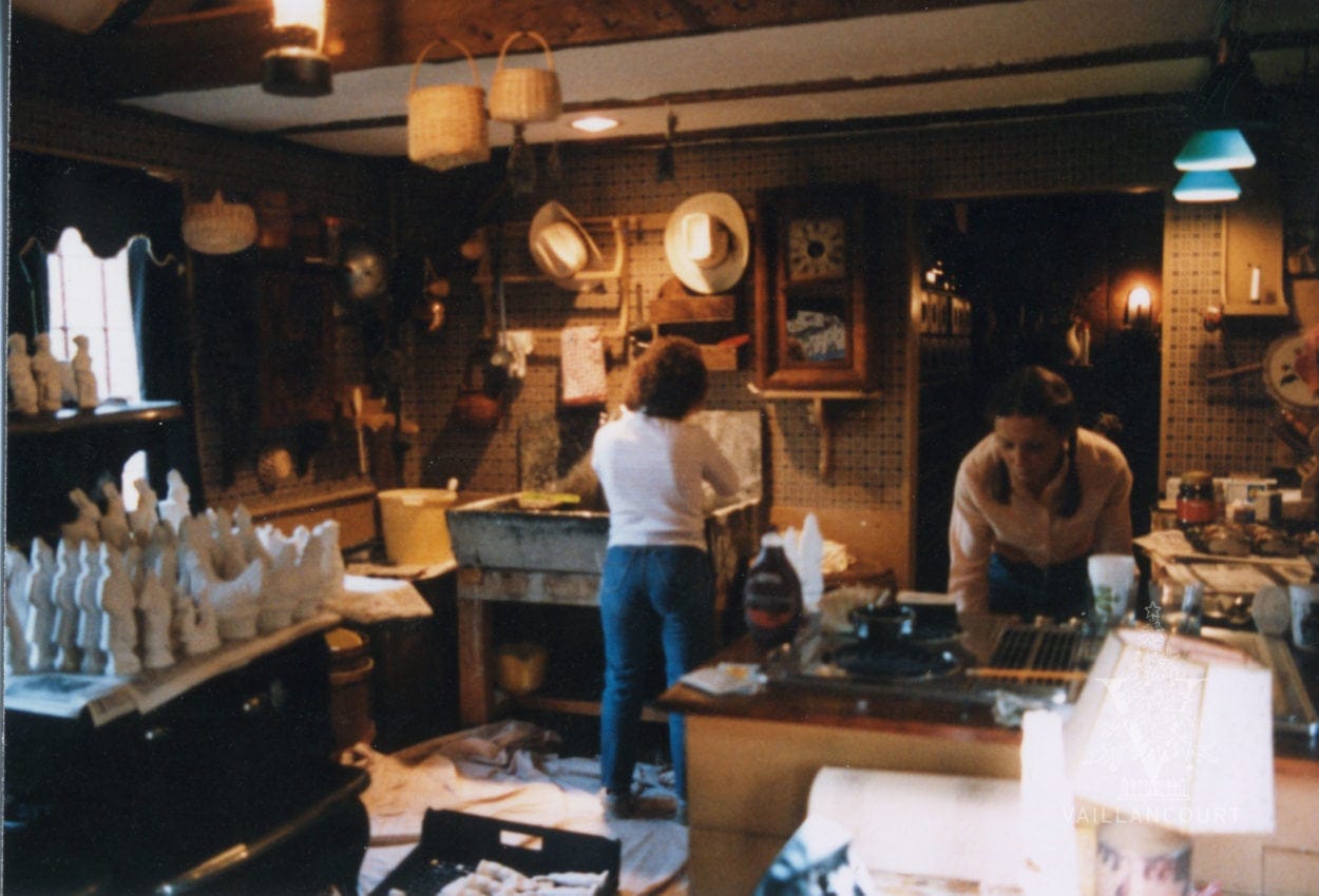 Judi Vaillancourt (right) pouring Chalkware in her home's kitchen (1985)