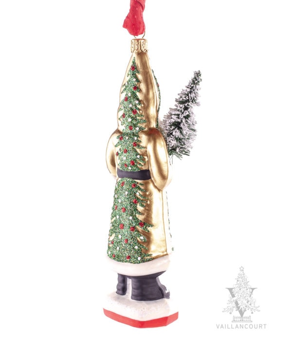 Gold Santa with Green Tree with Red and White Ornaments