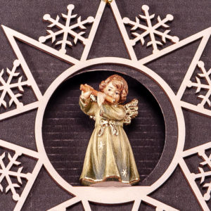 Bell Angel with Flute in Hanging Star with Snowflakes by PEMA
